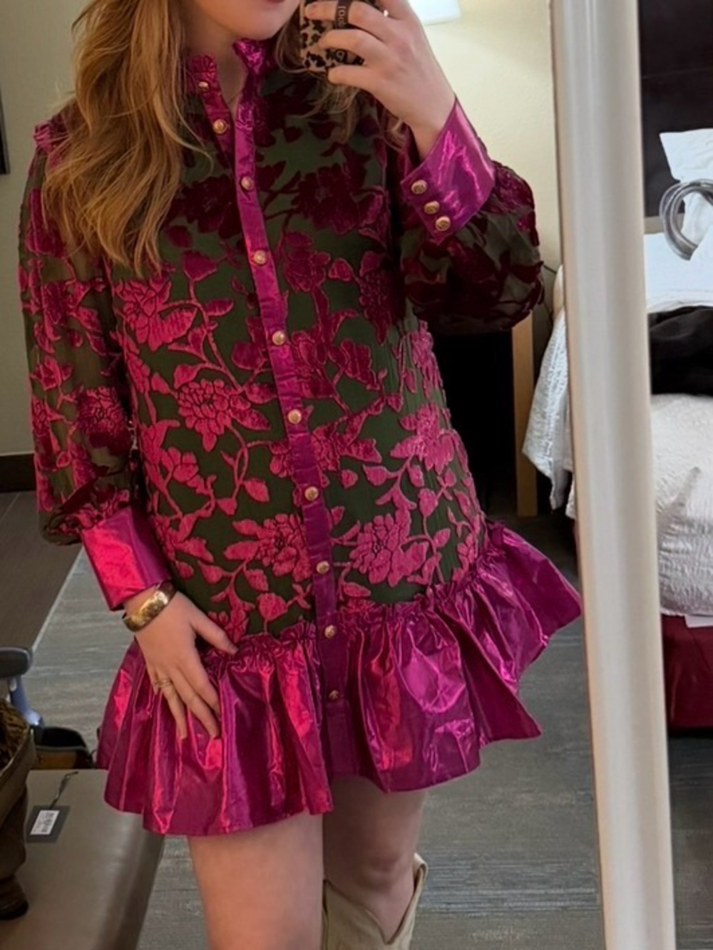 Brianna Cannon FALL VELVET PEONIES BUTTON DOWN DRESS